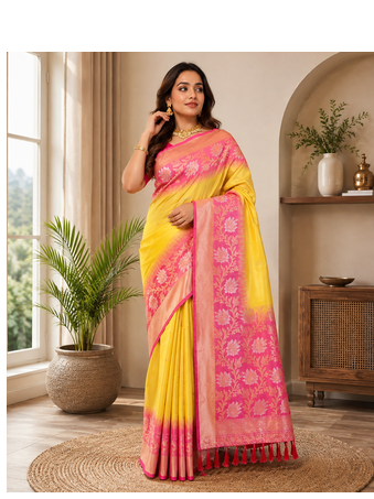 yellow color zari weaves contrast pallu and designer chaap border dual tone silk blend saree 1