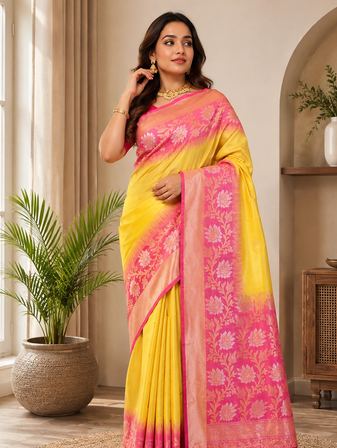 yellow color zari weaves contrast pallu and designer chaap border dual tone silk blend saree