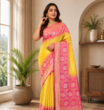 yellow color zari weaves contrast pallu and designer chaap border dual tone silk blend saree