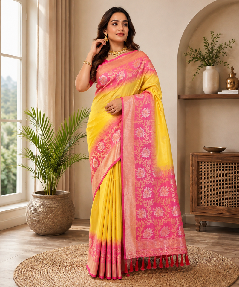yellow color zari weaves contrast pallu and designer chaap border dual tone silk blend saree