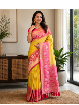 yellow color zari weaves contrast pallu and designer chaap border dual tone silk blend saree 2