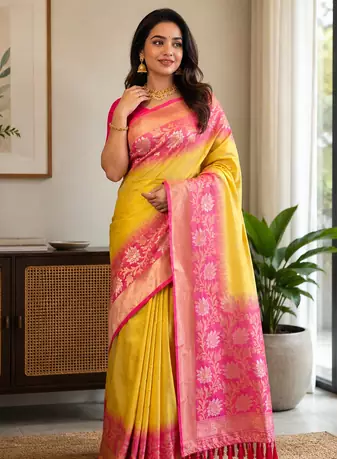 yellow color zari weaves contrast pallu and designer chaap border dual tone silk blend saree