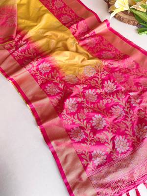 yellow color zari weaves contrast pallu and designer chaap border dual tone silk blend saree 3