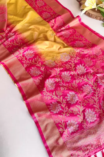 yellow color zari weaves contrast pallu and designer chaap border dual tone silk blend saree