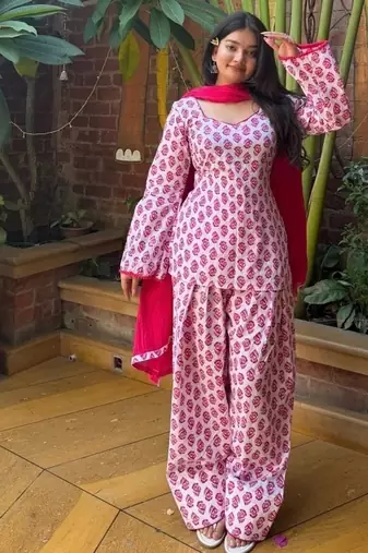 pink print cotton full stitched farshi salwar