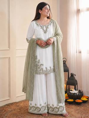 mehendi color embroidery and sequin work cotton kurti palazzo set 1
