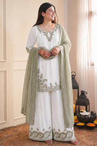 mehendi color embroidery and sequin work cotton kurti palazzo set