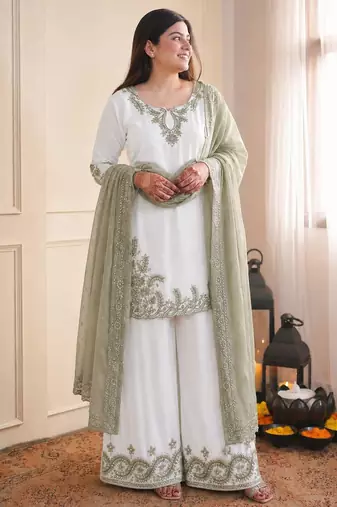 mehendi color embroidery and sequin work cotton kurti palazzo set