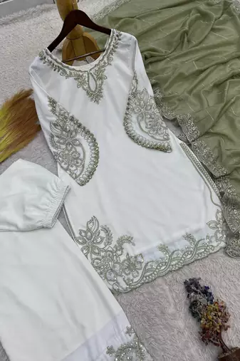 mehendi color embroidery and sequin work cotton kurti palazzo set