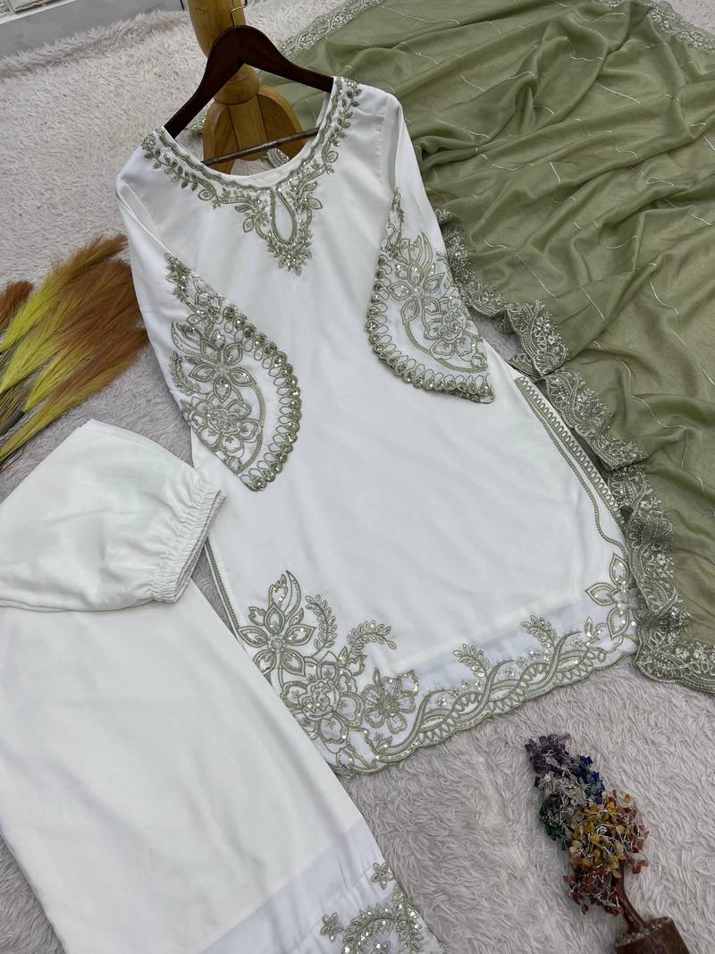 mehendi color embroidery and sequin work cotton kurti palazzo set