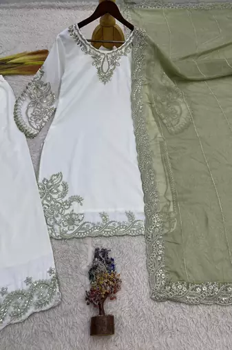 mehendi color embroidery and sequin work cotton kurti palazzo set