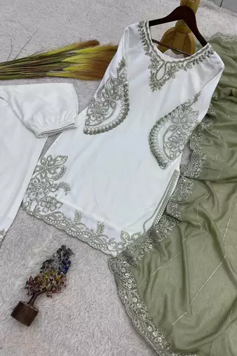 mehendi color embroidery and sequin work cotton kurti palazzo set
