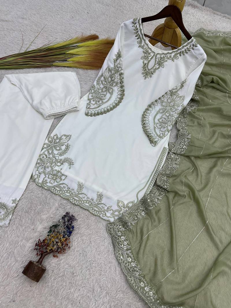 mehendi color embroidery and sequin work cotton kurti palazzo set