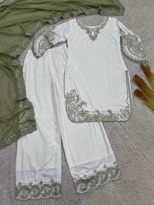 mehendi color embroidery and sequin work cotton kurti palazzo set 5