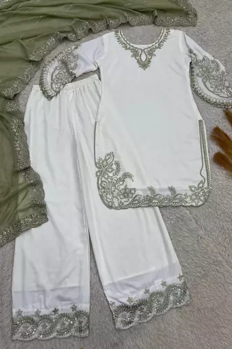 mehendi color embroidery and sequin work cotton kurti palazzo set