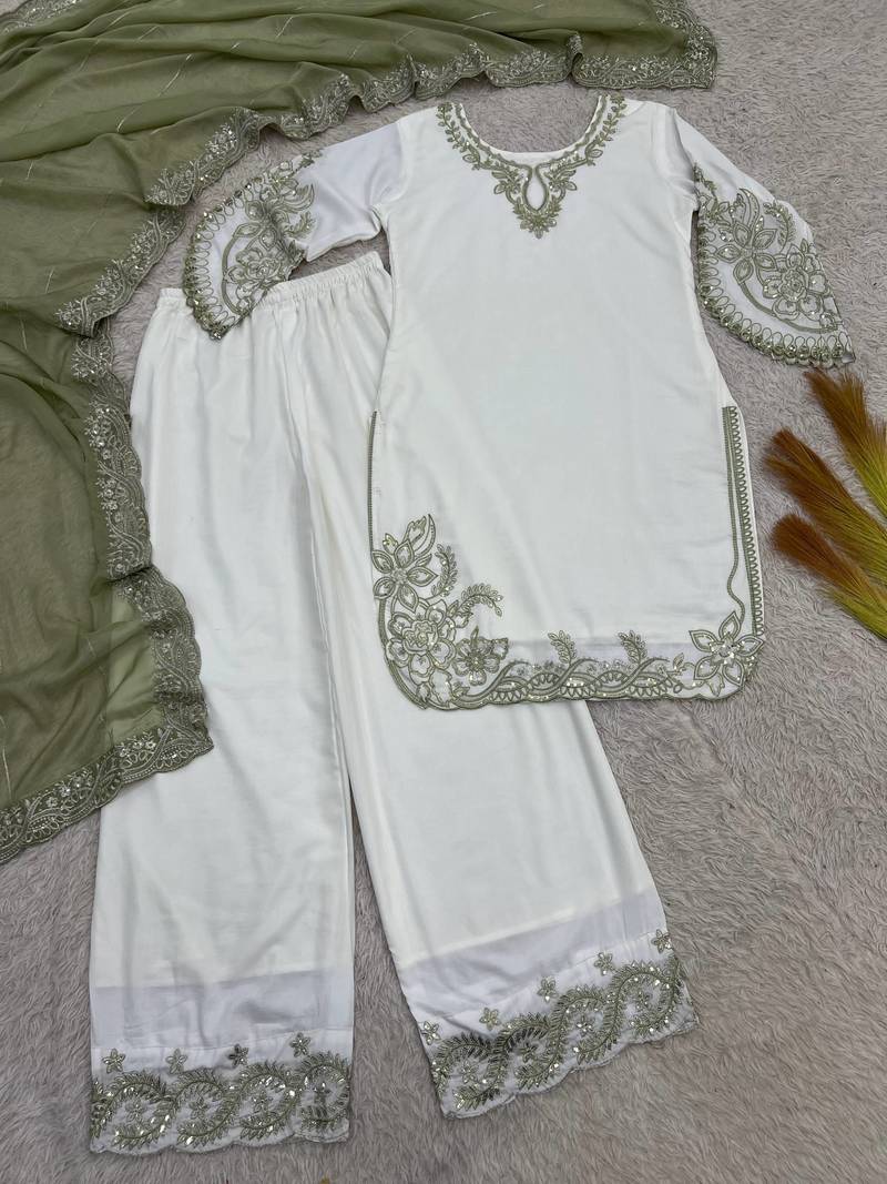 mehendi color embroidery and sequin work cotton kurti palazzo set