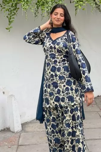 blue print cotton full stitched farshi salwar