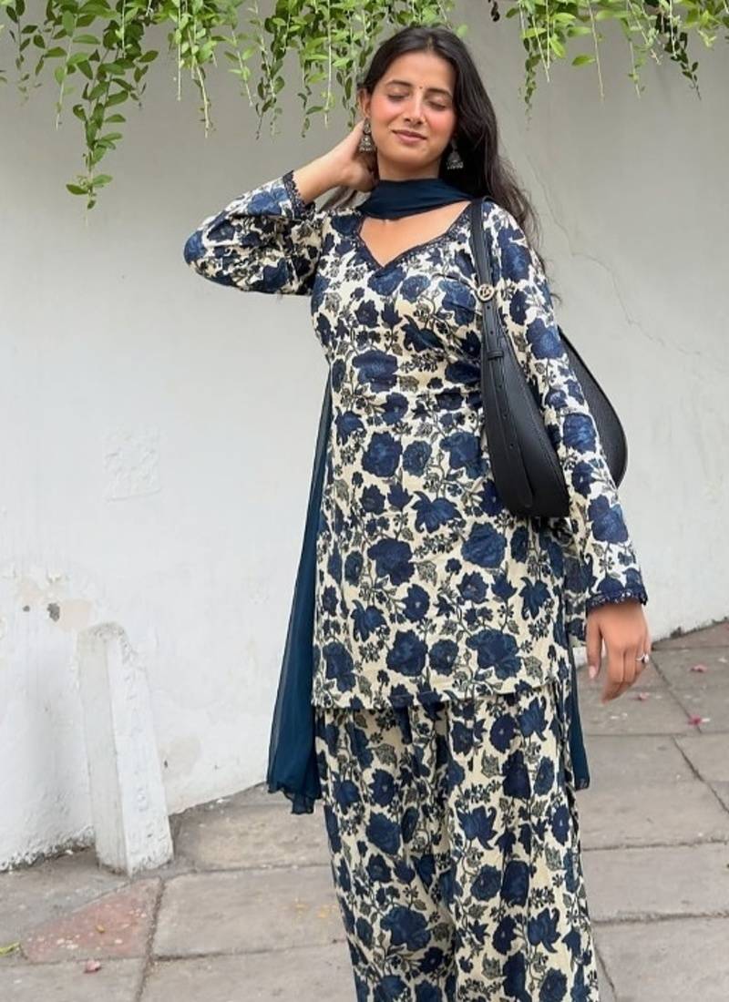 blue print cotton full stitched farshi salwar
