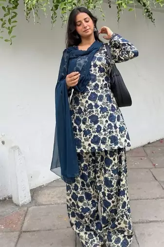 blue print cotton full stitched farshi salwar