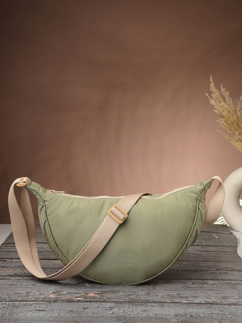   olive green polyester solid crossbody bag