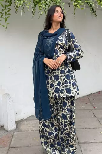 blue print cotton full stitched farshi salwar