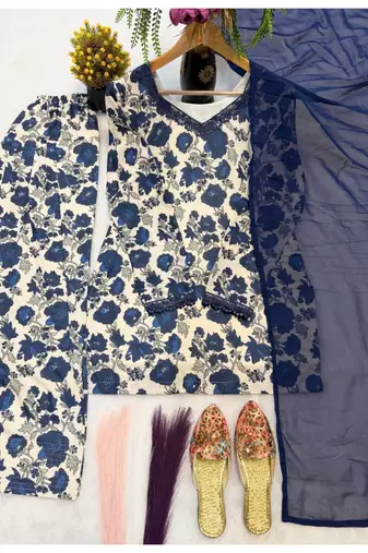 blue print cotton full stitched farshi salwar