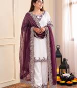 wine color embroidery and sequin work cotton kurti palazzo set