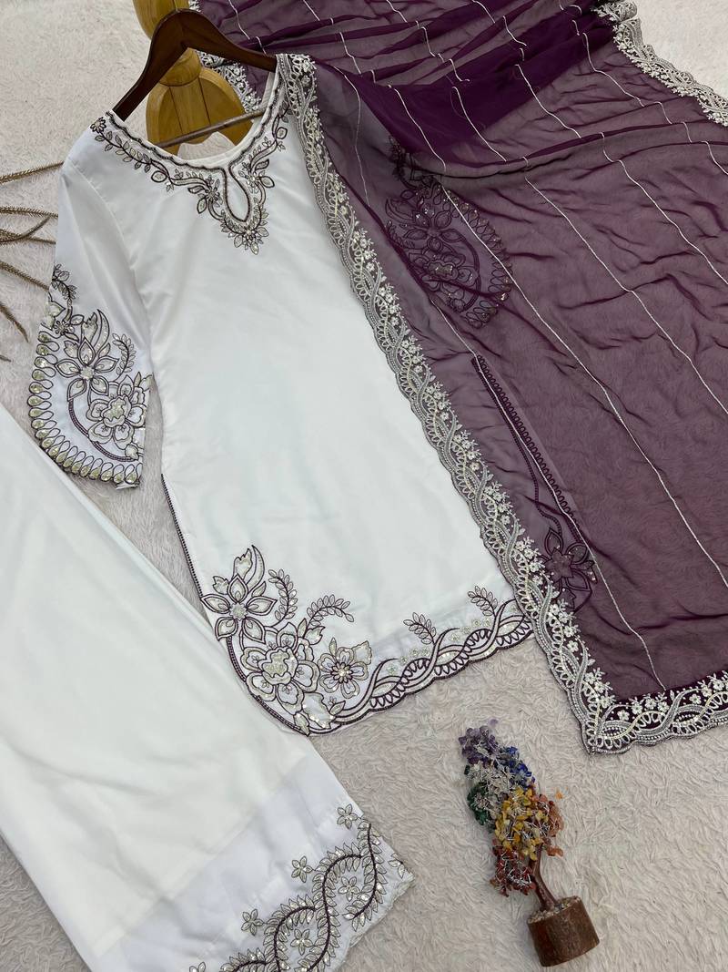wine color embroidery and sequin work cotton kurti palazzo set