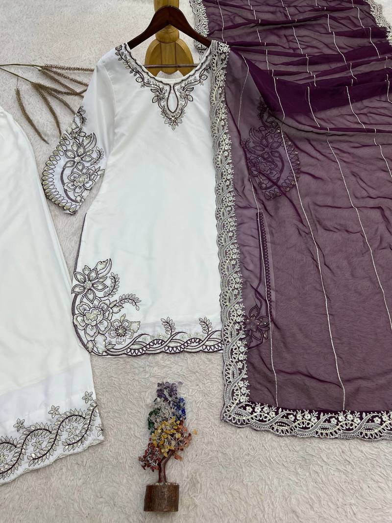 wine color embroidery and sequin work cotton kurti palazzo set