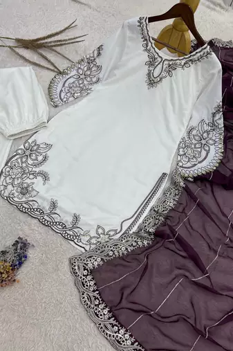 wine color embroidery and sequin work cotton kurti palazzo set