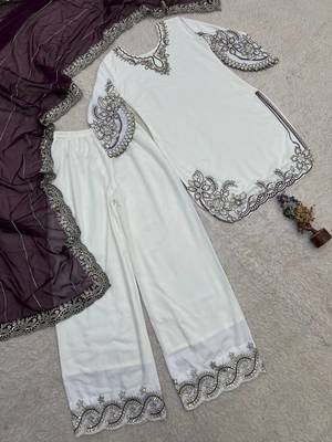 wine color embroidery and sequin work cotton kurti palazzo set 5