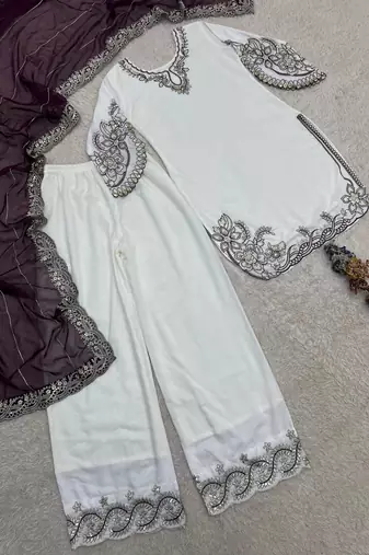 wine color embroidery and sequin work cotton kurti palazzo set
