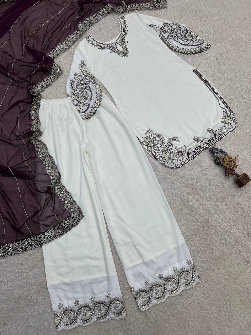 wine color embroidery and sequin work cotton kurti palazzo set