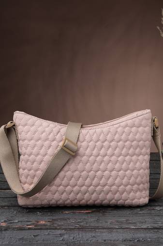   pastel pink polyester quilted sling bag