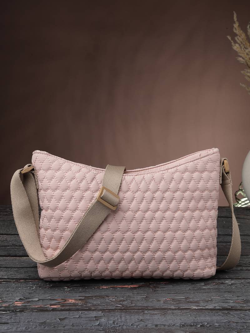   pastel pink polyester quilted sling bag