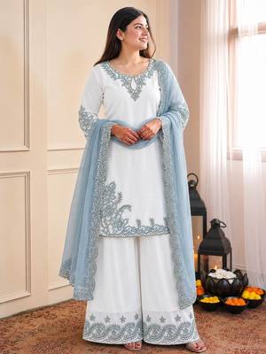 sky blue color embroidery and sequin work cotton kurti palazzo set 1