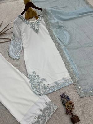 sky blue color embroidery and sequin work cotton kurti palazzo set 2