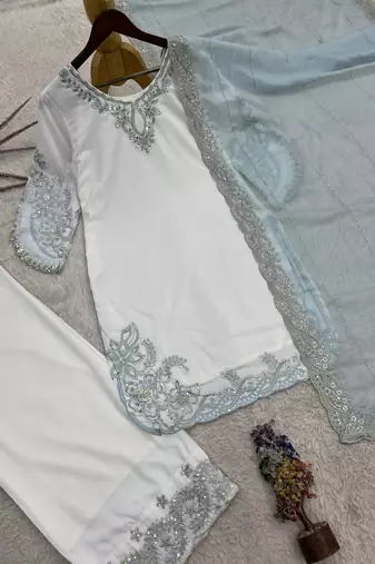 sky blue color embroidery and sequin work cotton kurti palazzo set
