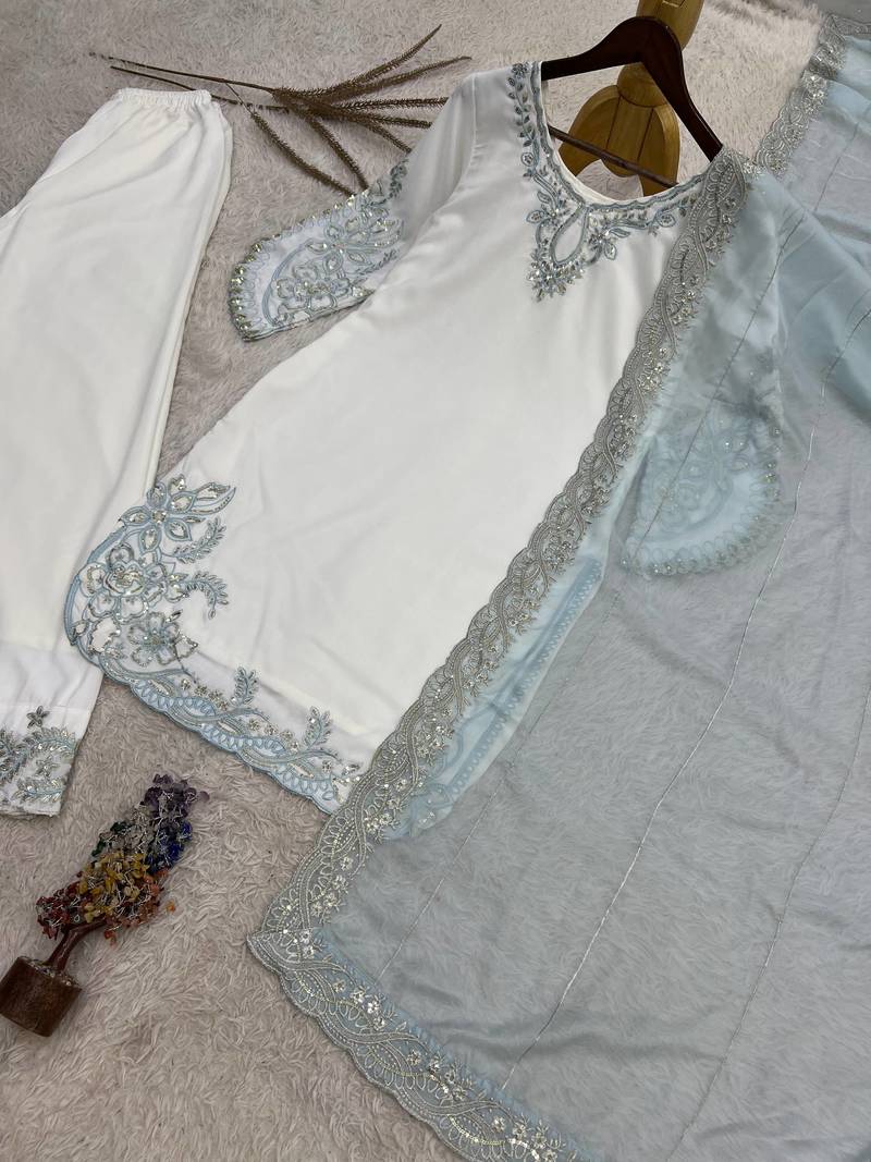 sky blue color embroidery and sequin work cotton kurti palazzo set