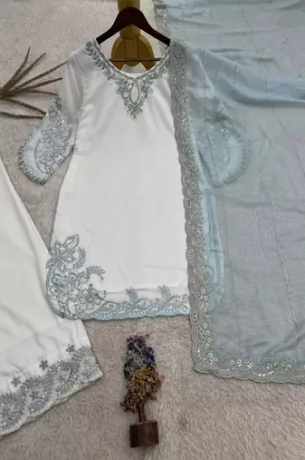 sky blue color embroidery and sequin work cotton kurti palazzo set