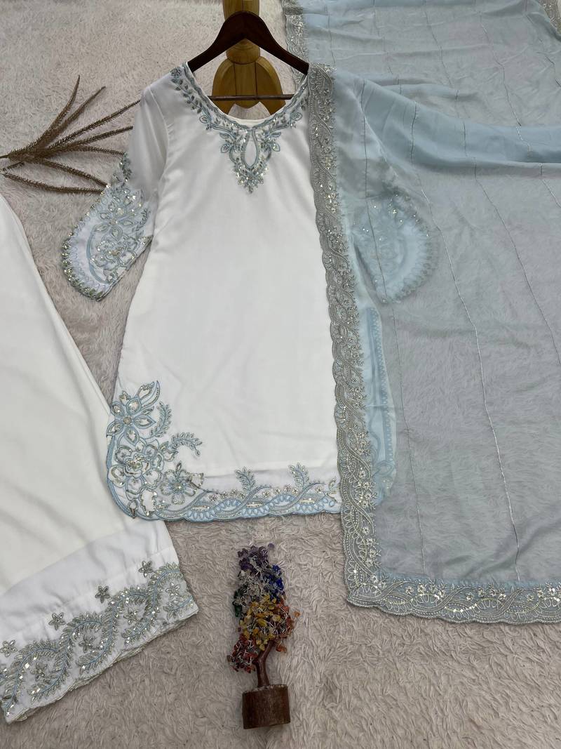 sky blue color embroidery and sequin work cotton kurti palazzo set