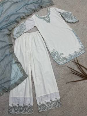sky blue color embroidery and sequin work cotton kurti palazzo set 5