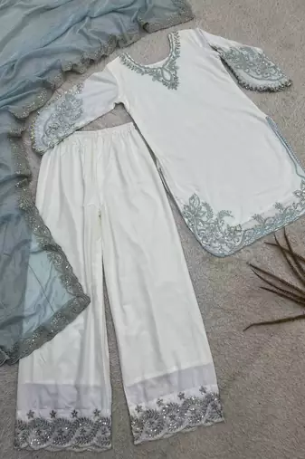 sky blue color embroidery and sequin work cotton kurti palazzo set