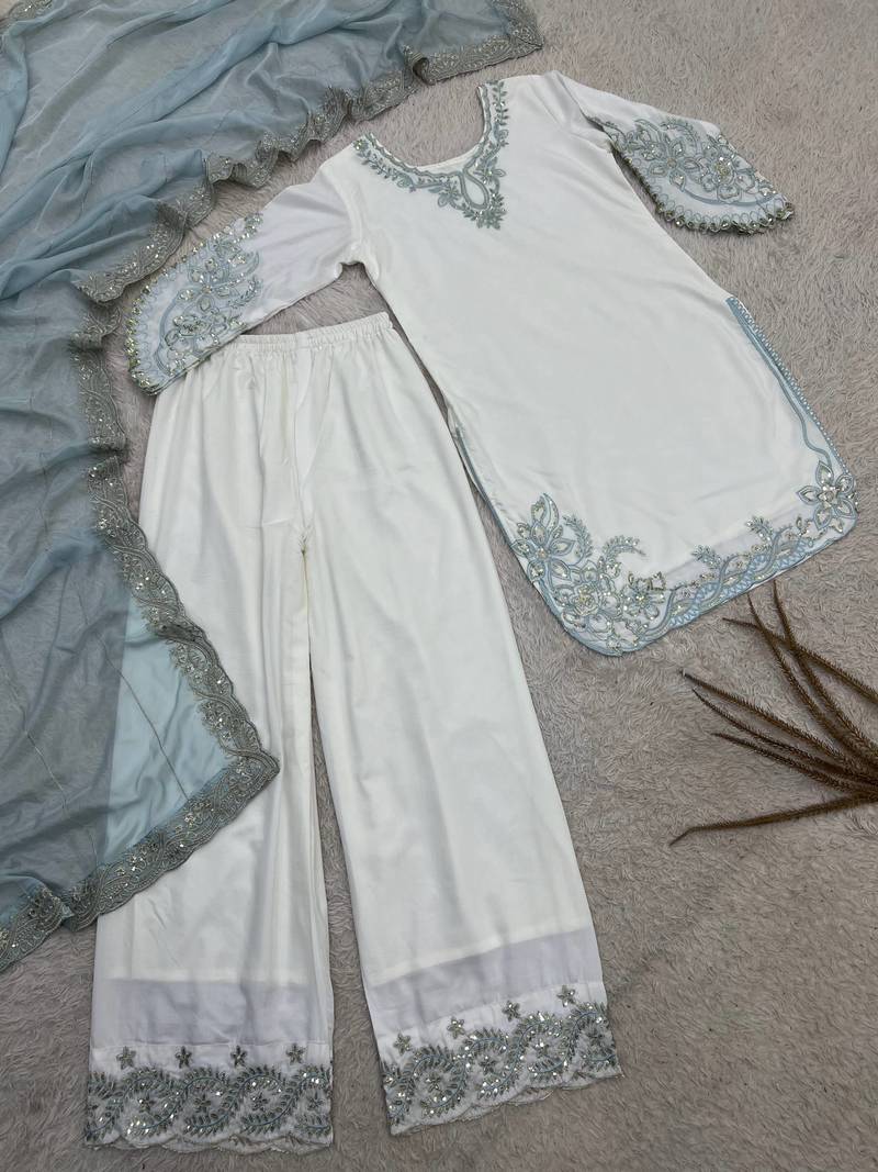 sky blue color embroidery and sequin work cotton kurti palazzo set