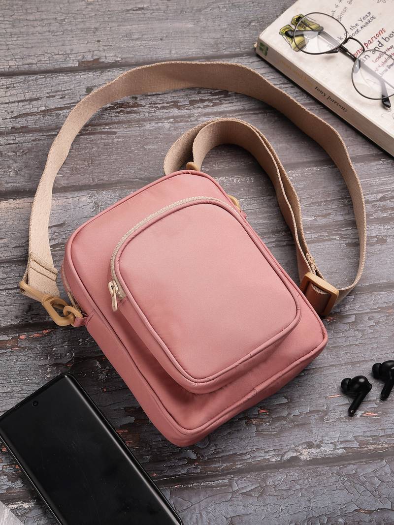   dusty rose pink polyester solid sling bag