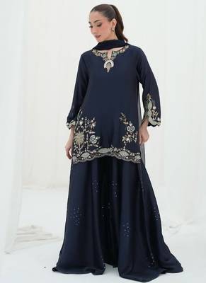 blue embroidery crepe full stitched sharara plazo 1