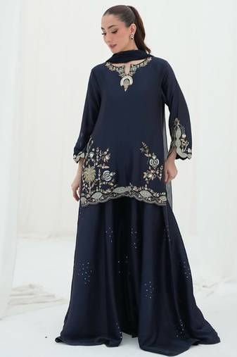 blue embroidery crepe full stitched sharara plazo