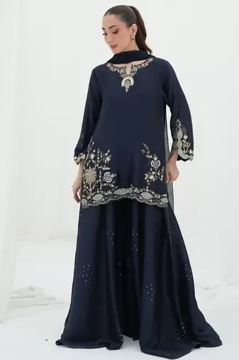 blue embroidery crepe full stitched sharara plazo