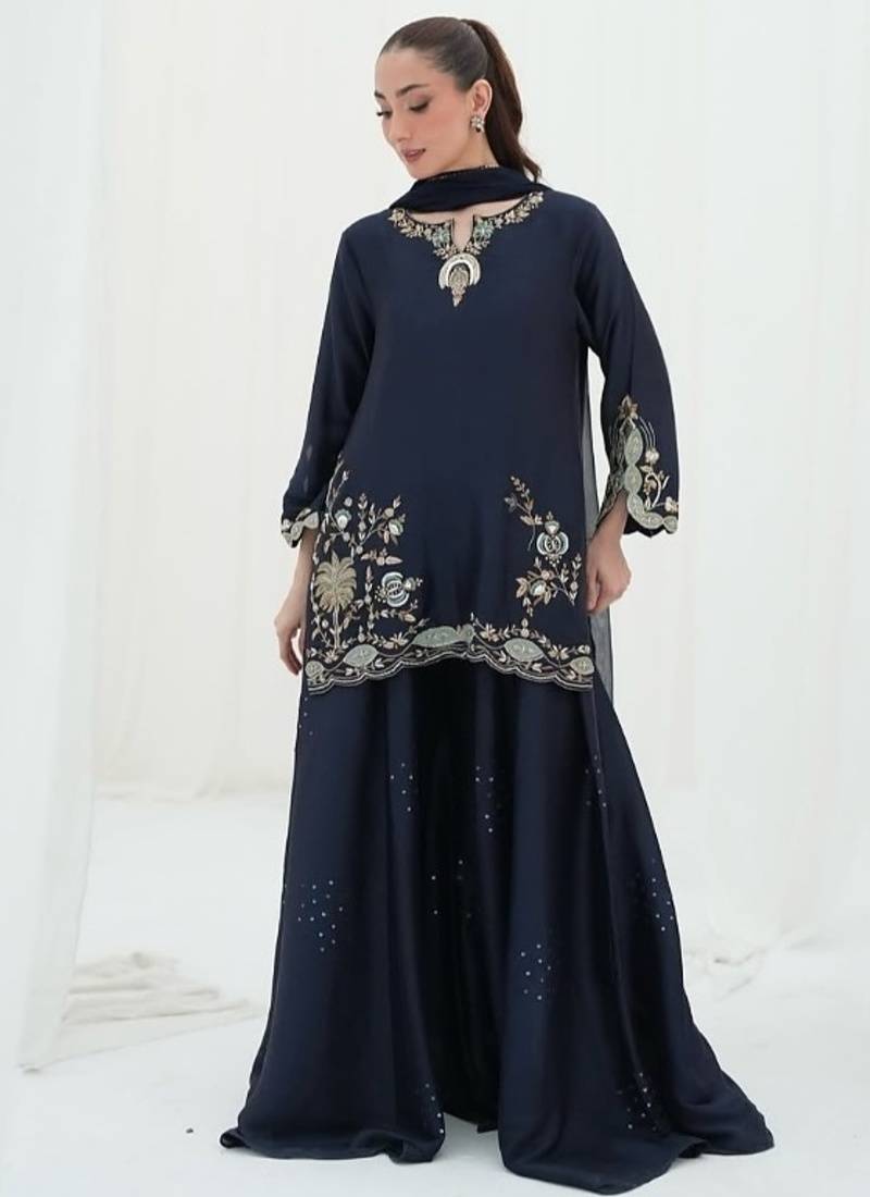 blue embroidery crepe full stitched sharara plazo