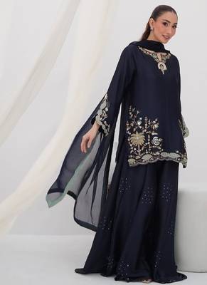 blue embroidery crepe full stitched sharara plazo 2
